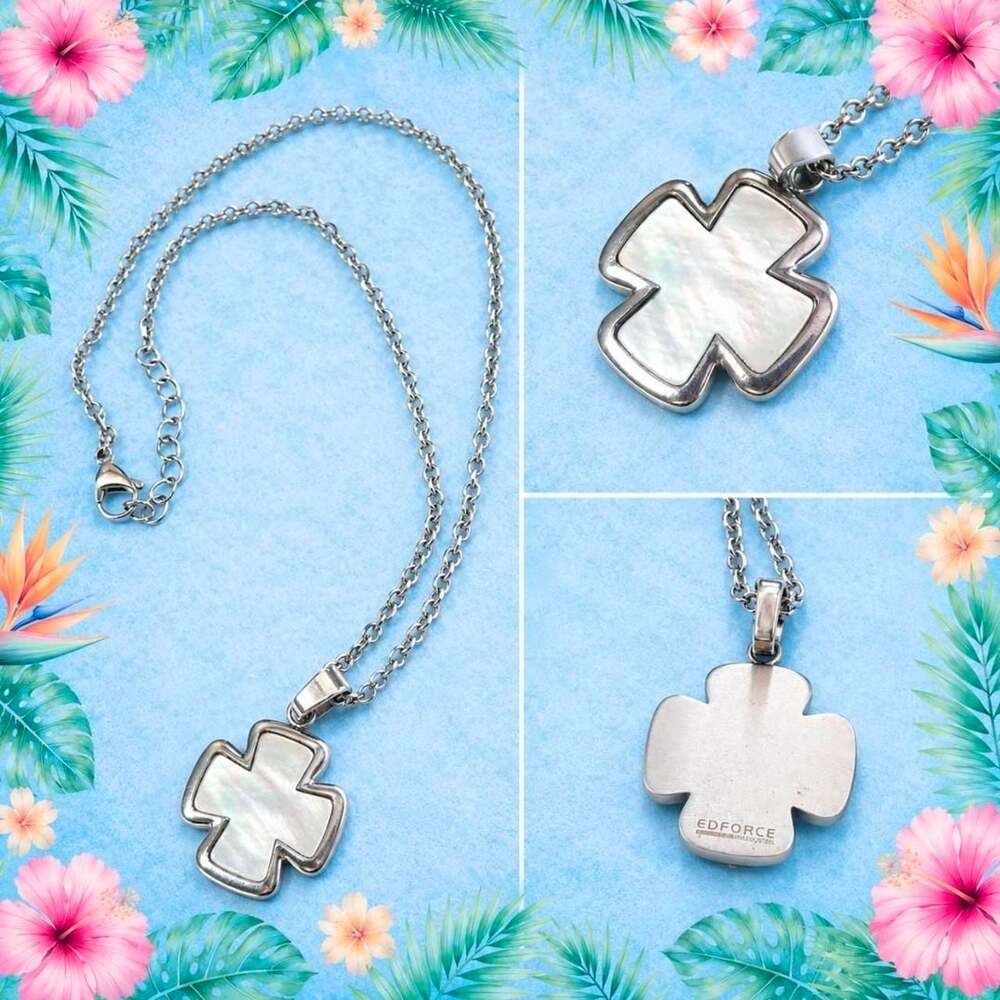 JM0005-Edforce Silver Stainless Steel Cross Pendant Necklace with Mother of Pear